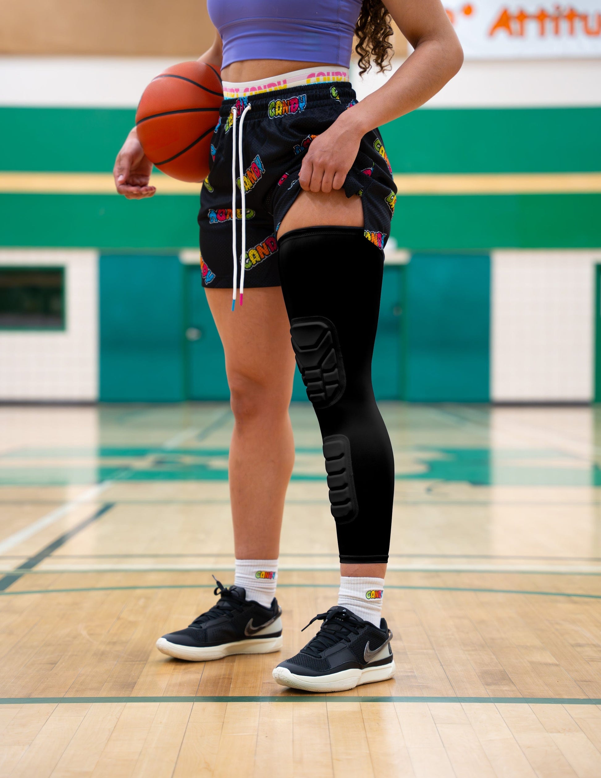 Black Court Candy Basketball Knee Pads Kneepad Double Padded Leg Sleeve Knee Protection Shin Pad Breathable Spandex Polyester Mens Womans Boys Girls