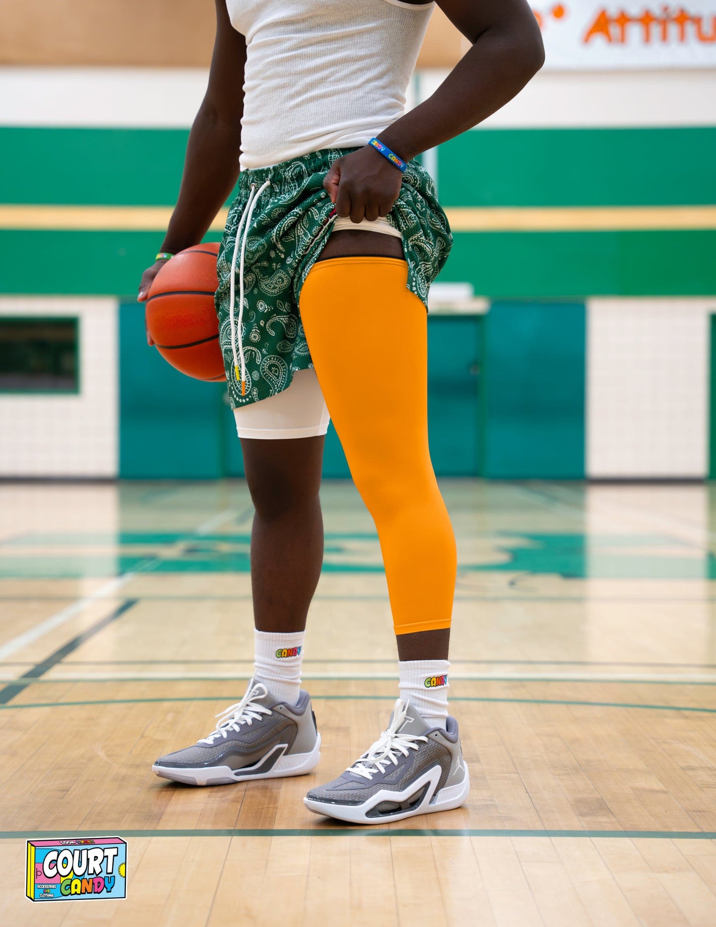 Yellow Court Candy Basketball Compression Leg Sleeve Leg Sleeves Breathable Polyester Spandex Single Leg Sleeve Knee Sleeve One Leg Compression Pant Single Leg Tight Running Sleeve Supportive Men Women Youth Mens Womans