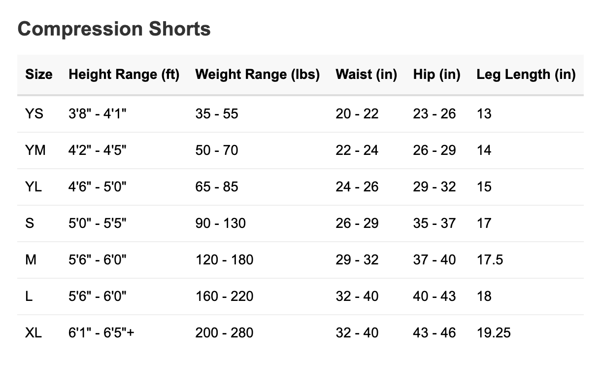 Compression Shorts Size Chart Court Candy