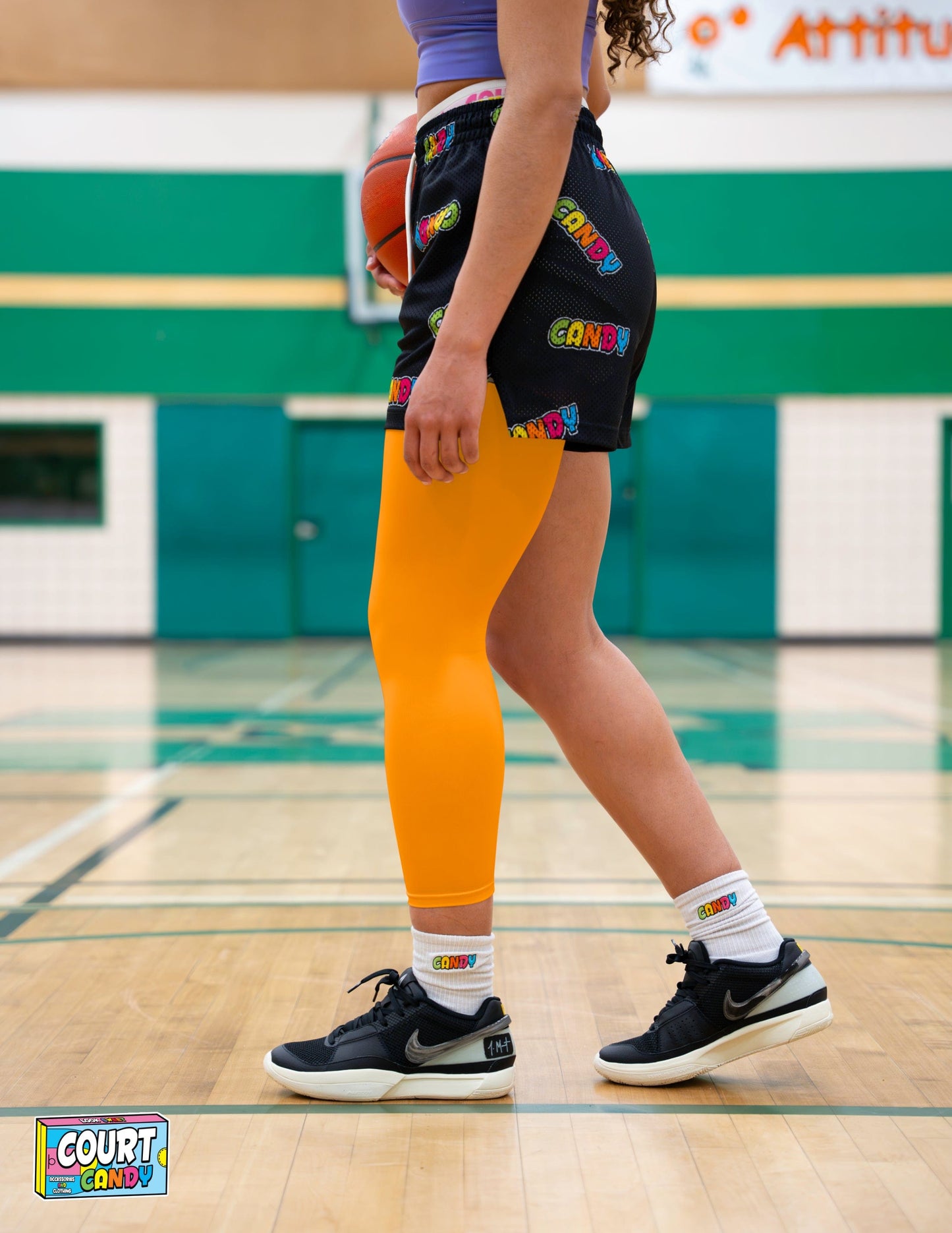 Yellow Court Candy Basketball Compression Leg Sleeve Leg Sleeves Breathable Polyester Spandex Single Leg Sleeve Knee Sleeve One Leg Compression Pant Single Leg Tight Running Sleeve Supportive Men Women Youth Mens Womans